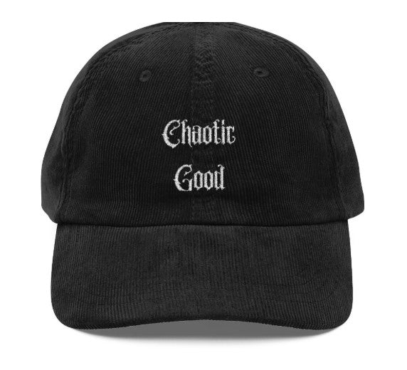 Chaotic Good embroidered corduroy hat, RPG nerd cap, in black, front view
