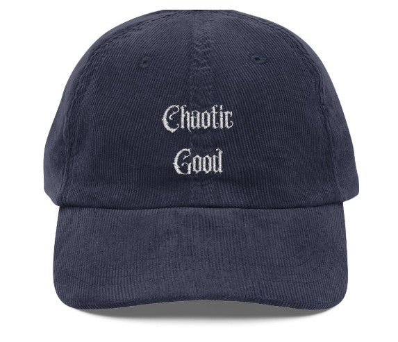 Chaotic Good embroidered corduroy hat, RPG nerd cap, in navy blue, front view