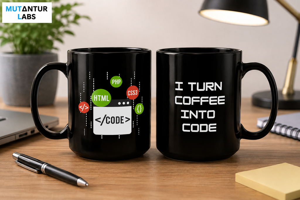 Coding programmer humor black ceramic mug, both sides shown with 'I Turn Coffee Into Code' text and web development icons, styled on a desk with a laptop and pen