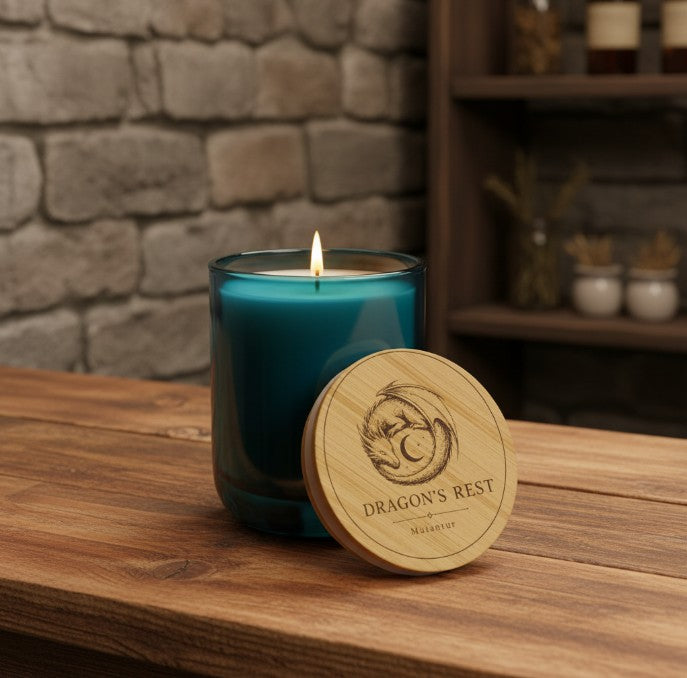 Dragon's Rest Emblem Soy Candle — 14oz Scented Candle with Engraved Bamboo Lid - Mutantur Labs LLC