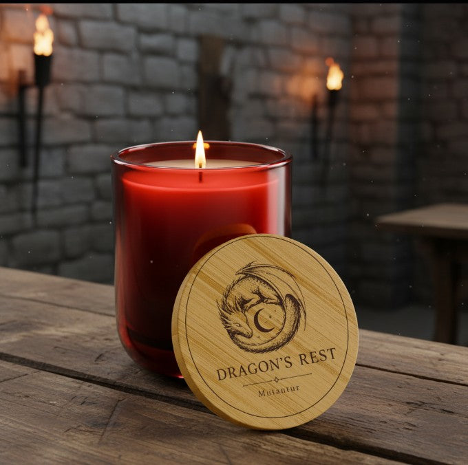 Dragon's Rest Emblem Soy Candle — 14oz Scented Candle with Engraved Bamboo Lid - Mutantur Labs LLC