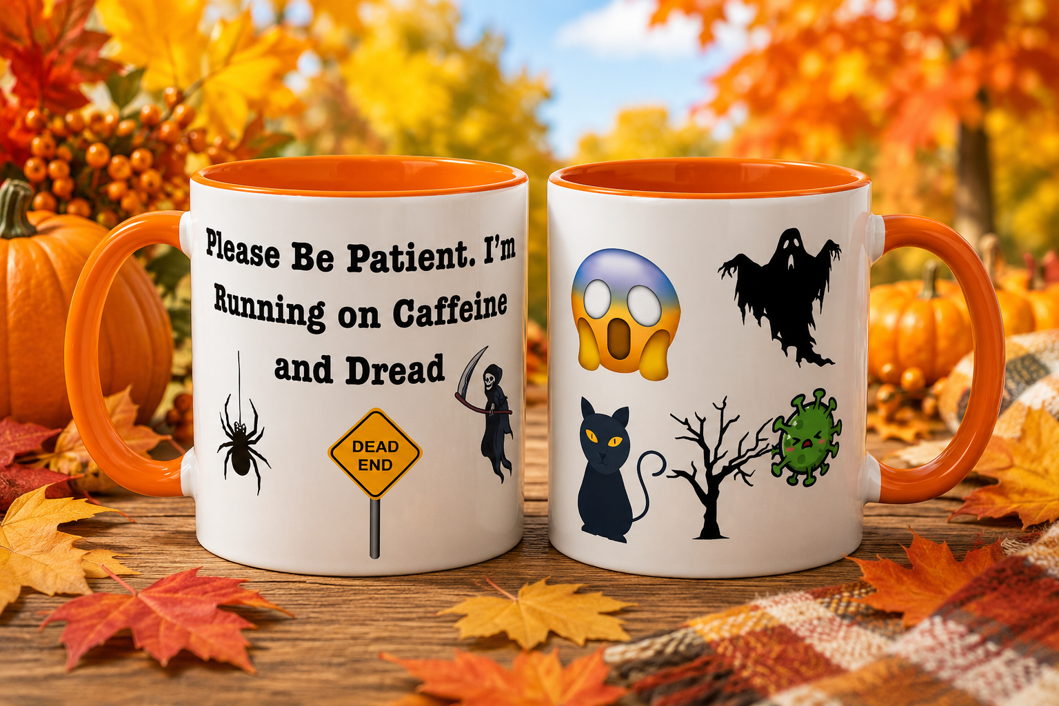Running on Caffeine and Dread funny coffee mug in white with orange handle and interior, front and back designs shown side by side with Halloween autumn styling
