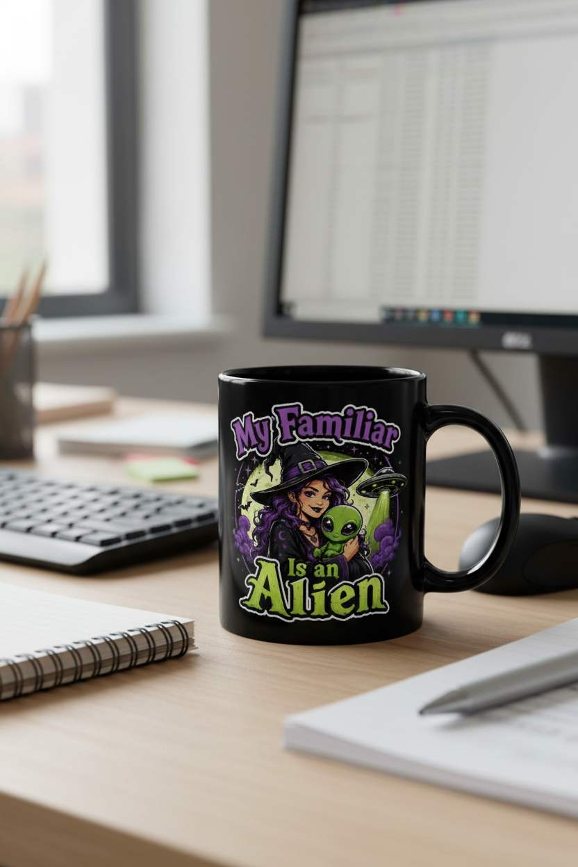 Witch and Alien Mug — "My Familiar Is an Alien" Halloween Black Coffee Cup 11oz