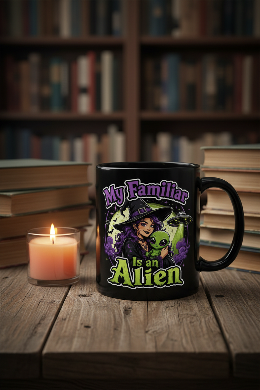 Witch and Alien Mug — "My Familiar Is an Alien" Halloween Black Coffee Cup 11oz