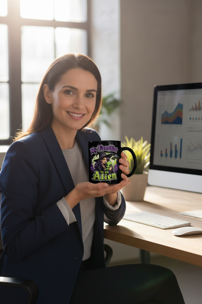 Witch and Alien Mug — "My Familiar Is an Alien" Halloween Black Coffee Cup 11oz