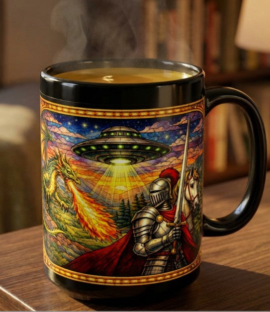 Fantasy Dragon Mug with Medieval Knight & UFO — Black 15 oz Ceramic Coffee Cup - Mutantur Labs LLC