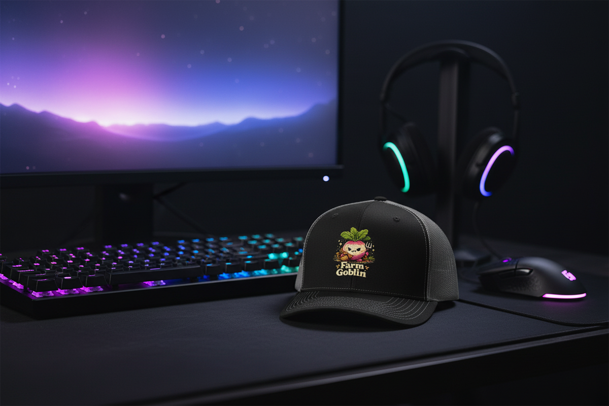 Farm Goblin embroidered snapback cap in black, styled on a desk with a gaming keyboard, mouse, and headset in a neon-lit setup