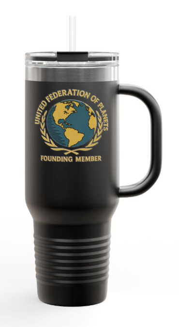 A black insulated travel tumbler with a clear lid and straw, featuring a gold and blue 'United Federation of Planets Founding Member' graphic on the front, shown on a white background.