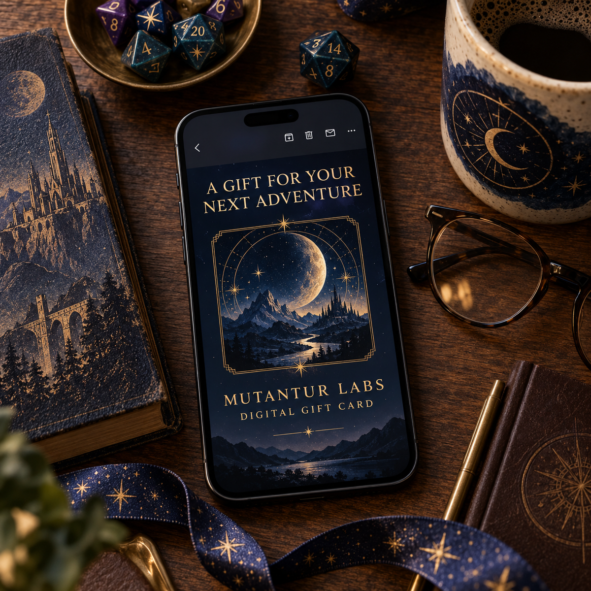 A smartphone lying on a wooden desk displays a fantasy-themed digital gift card design with a crescent moon and stars over mountains. The phone is surrounded by themed props including a blue illustrated notebook, a ceramic mug with a moon pattern, eyeglasses, dice, and a blue ribbon on a dark wood surface.