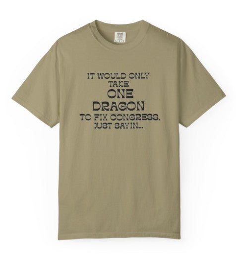 It Would Only Take One Dragon to Fix Congress political tee, close-up of print