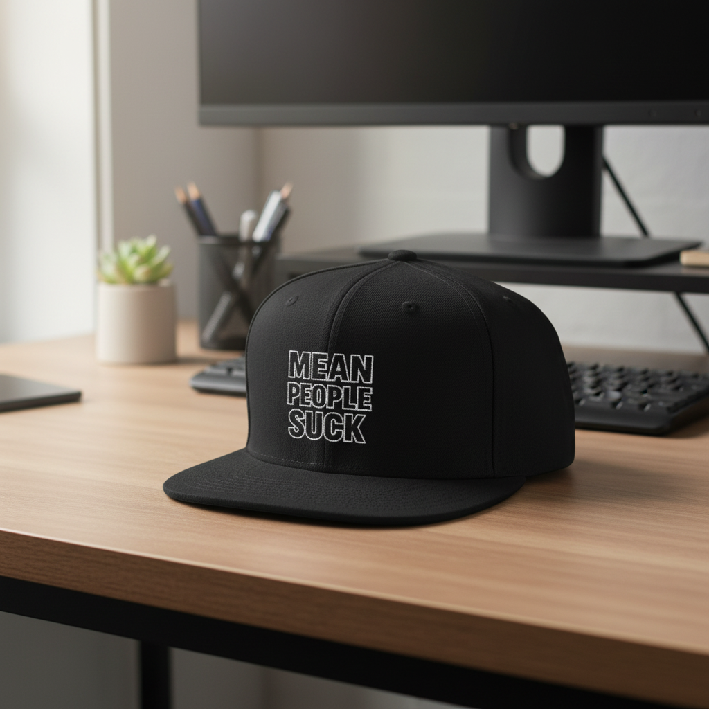 Mean People Suck embroidered patch flat bill snapback cap in black, styled on a desk with a monitor, pencil cup, and small plant