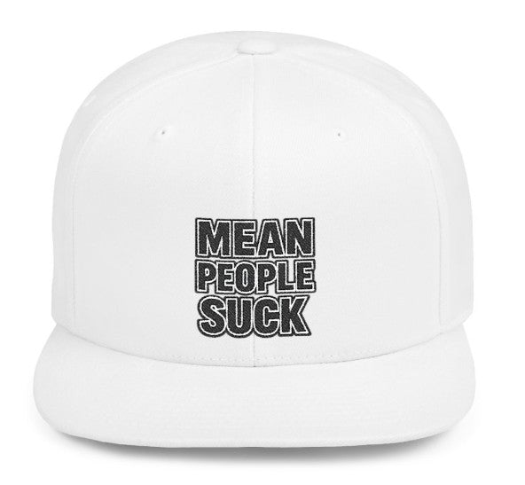 Mean People Suck embroidered patch flat bill snapback cap in white, front view