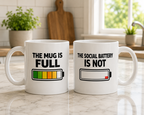 Social Battery Is Now funny ceramic coffee mug, front view