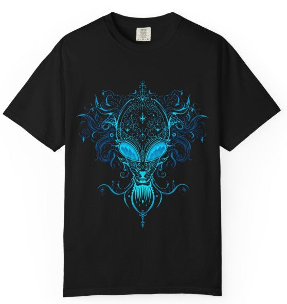 Ornate Blue Alien Mask chinoiserie mystical graphic tee in black, flat lay