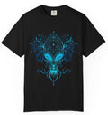Ornate Blue Alien Mask chinoiserie mystical graphic tee in black, flat lay