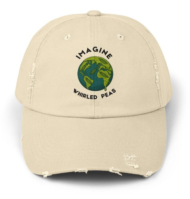 Imagine Whirled Peas pun Unisex Distressed Cap with Planet design - Mutantur Labs LLC