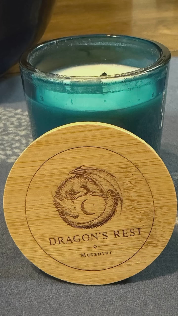 Dragon's Rest Emblem Soy Candle — 14oz Scented Candle with Engraved Bamboo Lid
