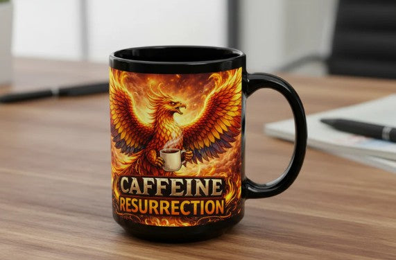 Caffeine Resurrection Mug – 15oz Phoenix Coffee Cup, Funny Rebirth Coffee Mug - Mutantur Labs LLC