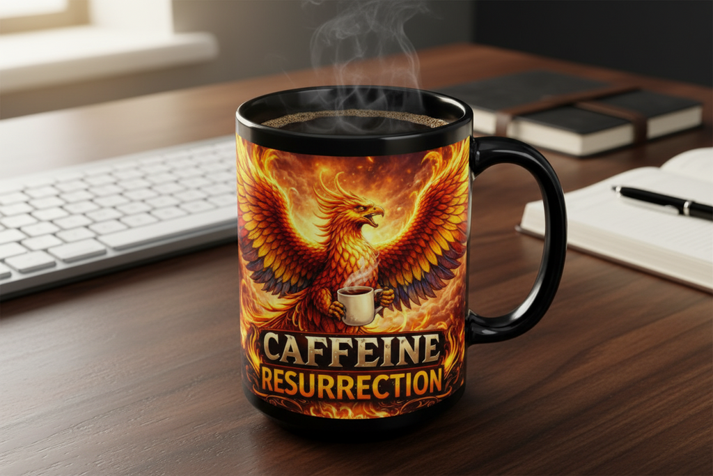 Caffeine Resurrection Mug – 15oz Phoenix Coffee Cup, Funny Rebirth Coffee Mug - Mutantur Labs LLC