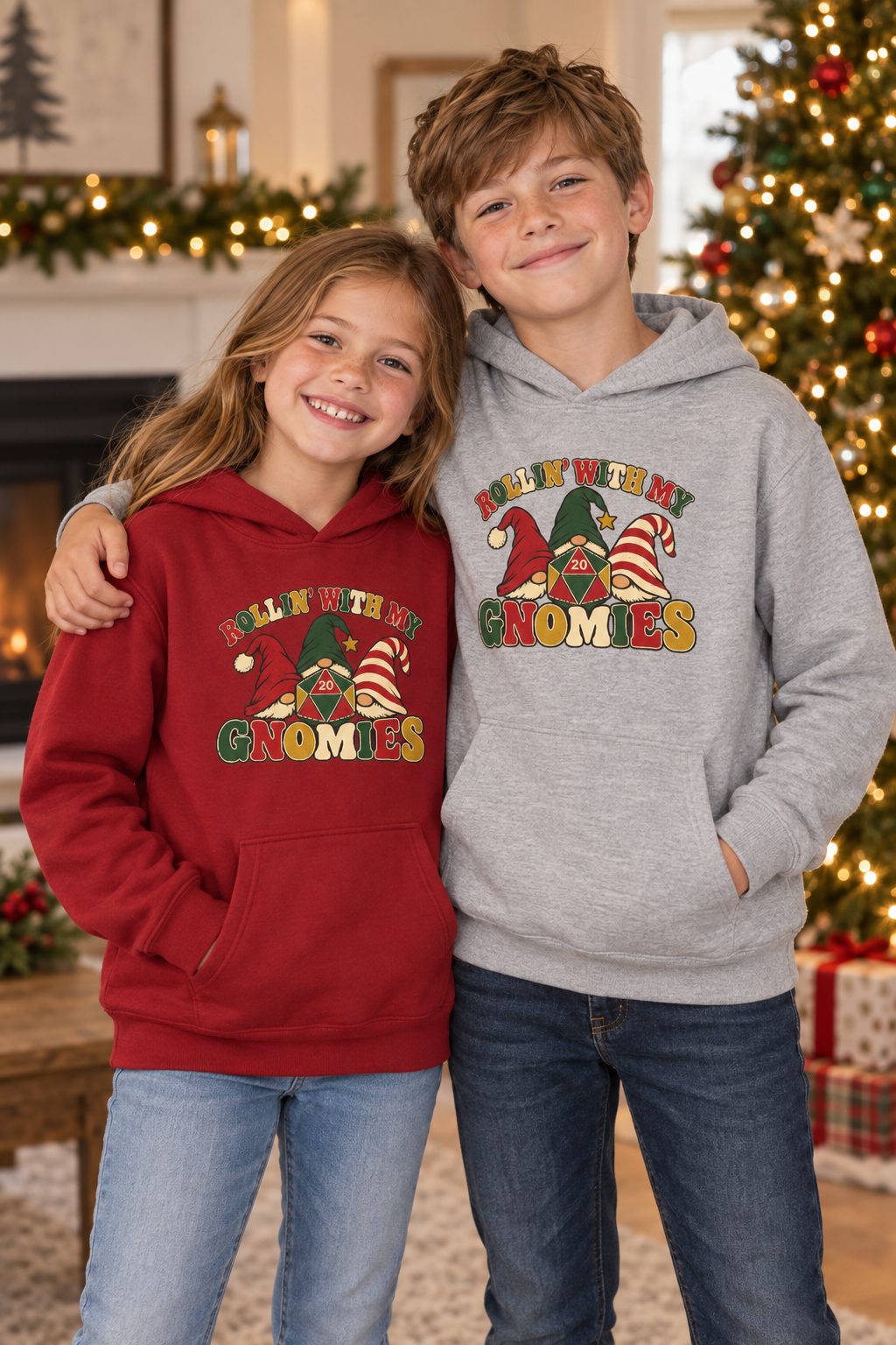 A young boy and girl standing together in a holiday-themed living room, wearing matching custom hoodies. The girl wears a dark red hoodie with a ROLLIN WITH MY GNOMIES graphic, and the boy wears a heather gray hoodie with the same graphic.