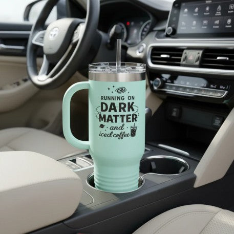 Running on Dark Matter and Iced Coffee 40oz Travel Mug — Gift for Science Lovers - Mutantur Labs LLC