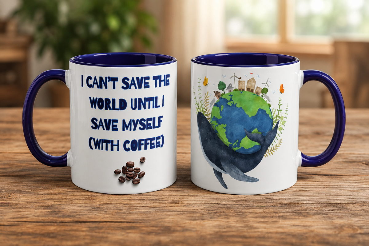 I Can't Save the World Until I Save Myself (With Coffee) whale and Earth eco coffee mug in white with navy interior, both sides shown side by side displaying the text and the whale-and-Earth design, styled on a wood table with coffee beans