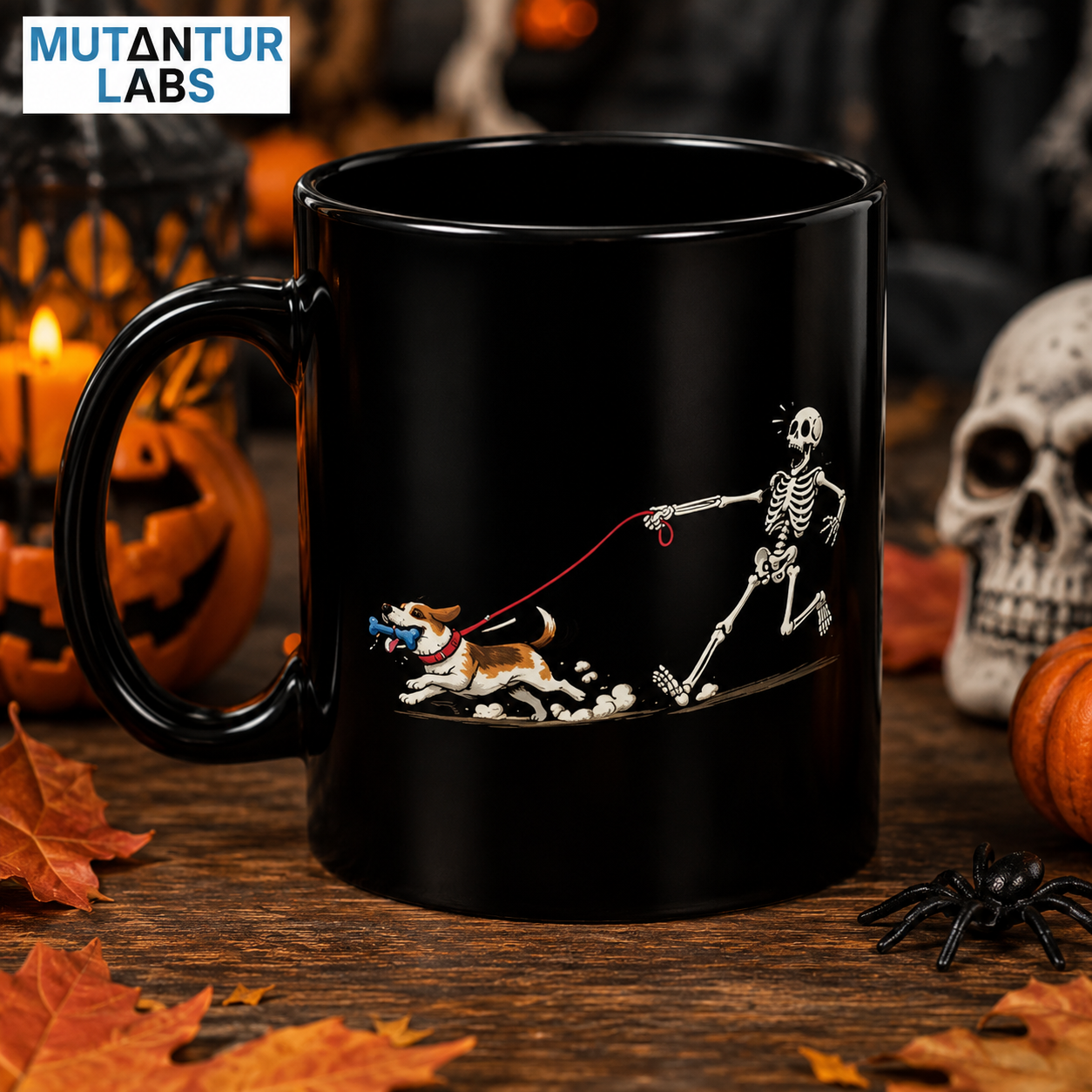 Running Skeleton and Dog funny Halloween coffee mug in black, styled with a jack-o-lantern, skull, candle, and autumn leaves on a wood table