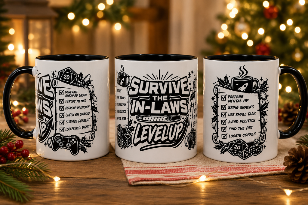 Three white ceramic mugs with black handles and interiors, each printed with a different holiday-themed checklist graphic, displayed on a wooden surface with a blurred Christmas tree and warm lights in the background.