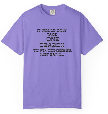It Would Only Take One Dragon to Fix Congress political tee, violet colorway detail shot