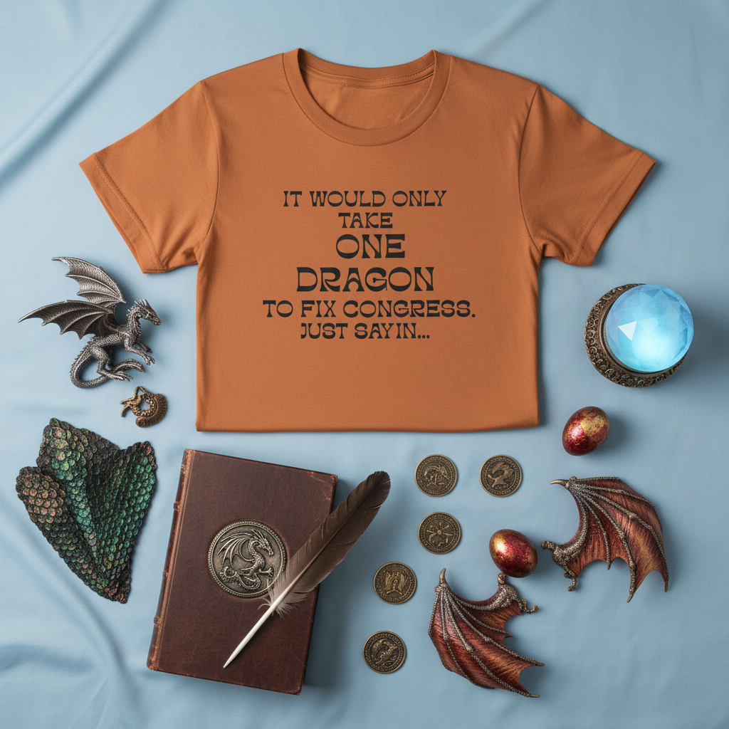 It Would Only Take One Dragon to Fix Congress political graphic tee in burnt orange, flat lay styled with dragon figurines, a leather book, coins, and a crystal ball