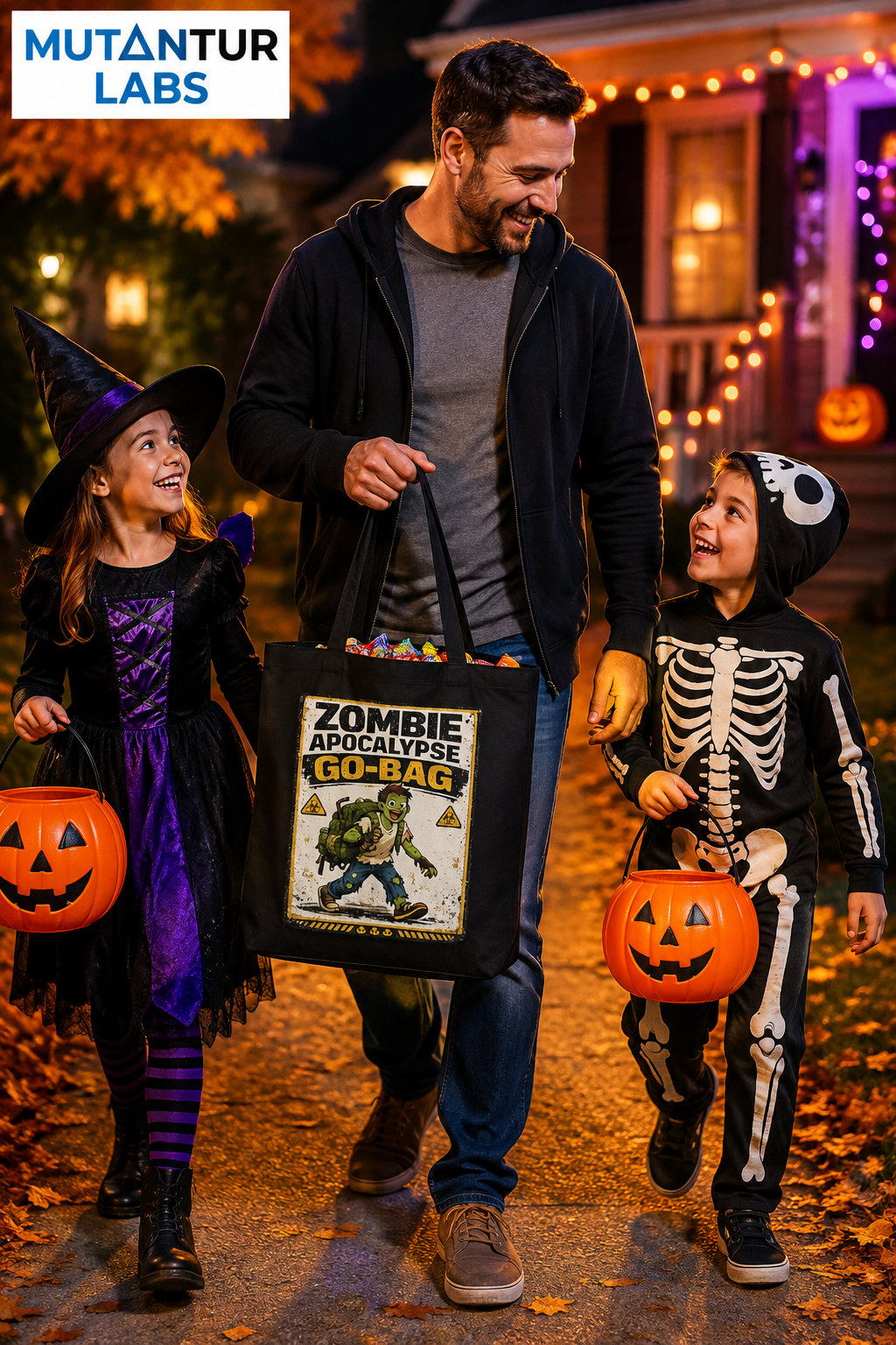 Zombie Apocalypse Go-Bag retro survival tote bag in black, styled photo of a man carrying it while trick-or-treating with two children in costume